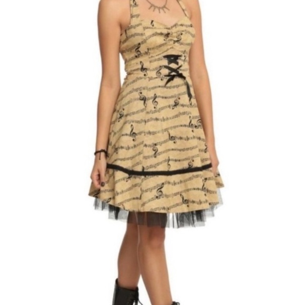 Hot Topic Beige and Black Music Print Mini Dress large